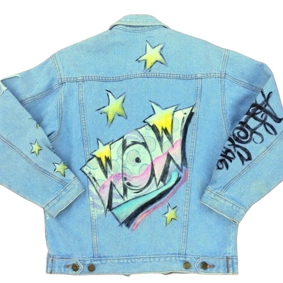 Vintage faded denim 80s Jean jacket, Retro cut,bright hand painted stars Sz s